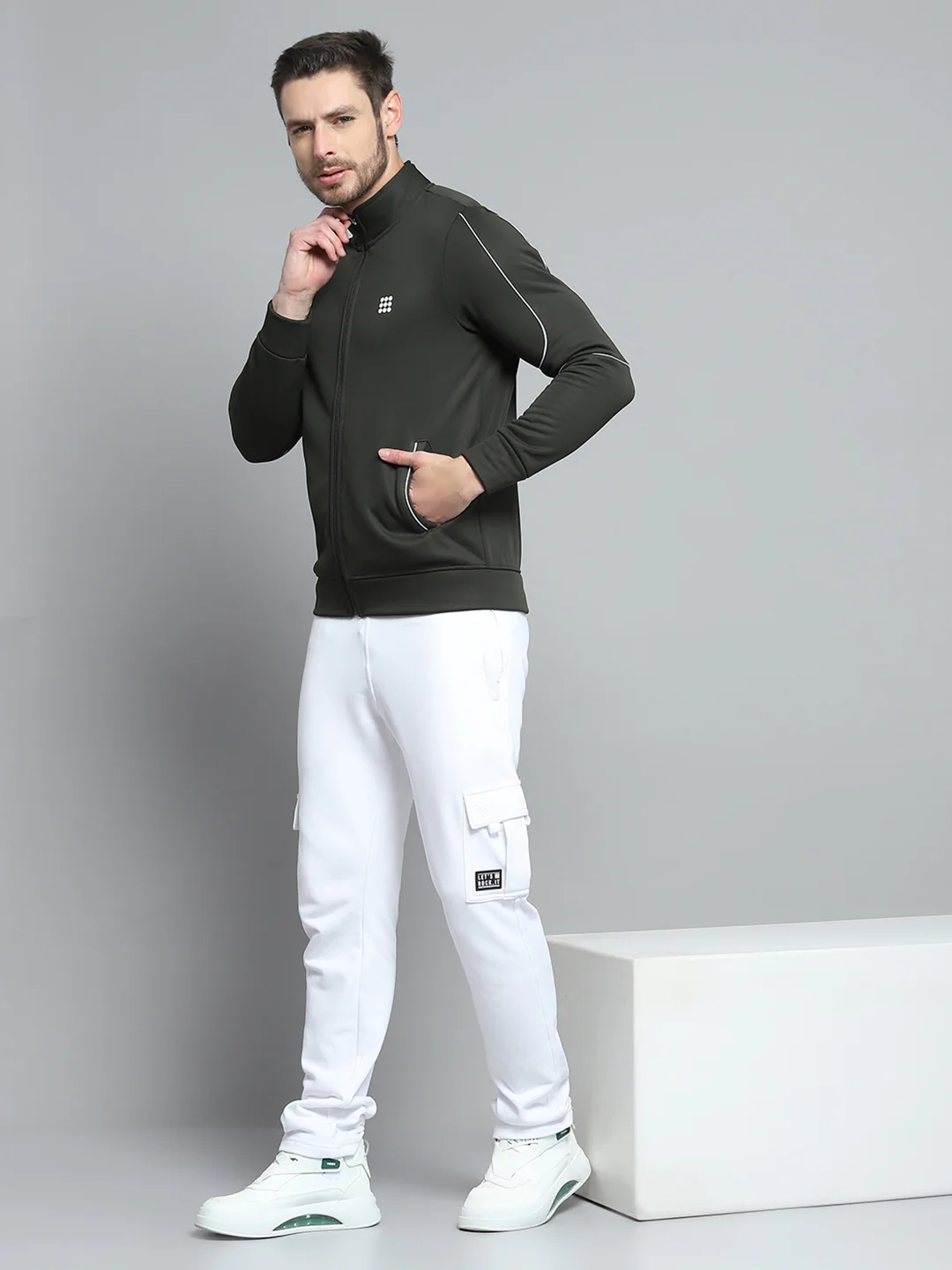 Rock.it Men Olive Solid Mock Neck Full Sleeve Sweatshirt - Image 2