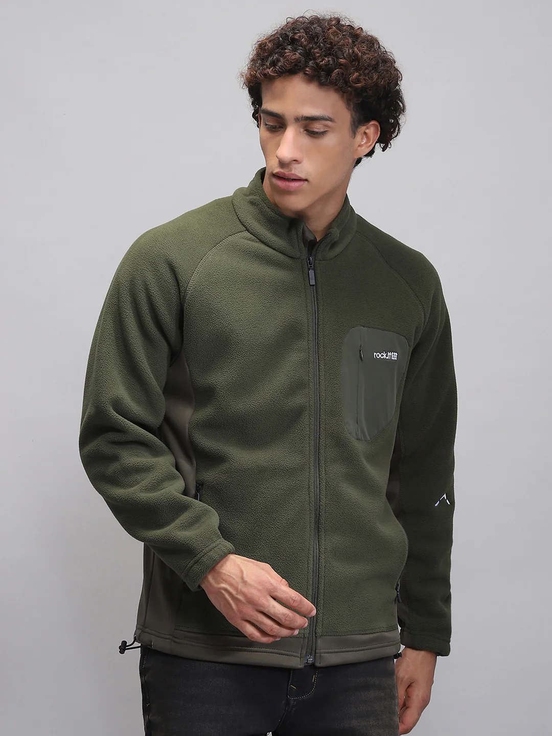 Rock.it Men Olive Solid Mock Neck Full Sleeve Sweatshirt