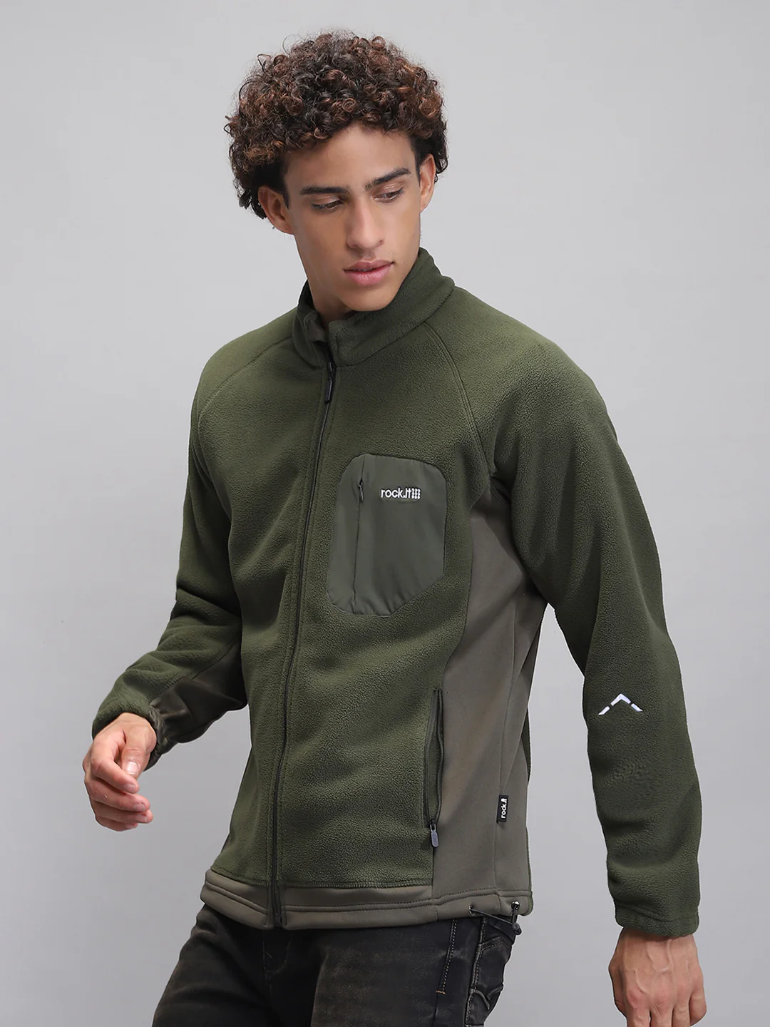 Rock.it Men Olive Solid Mock Neck Full Sleeve Sweatshirt - Image 3