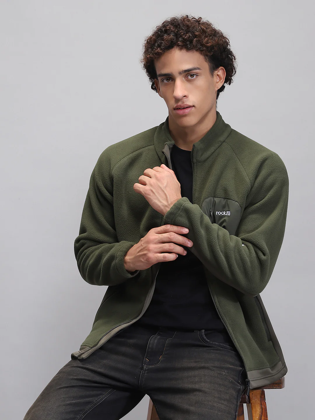 Rock.it Men Olive Solid Mock Neck Full Sleeve Sweatshirt - Image 6
