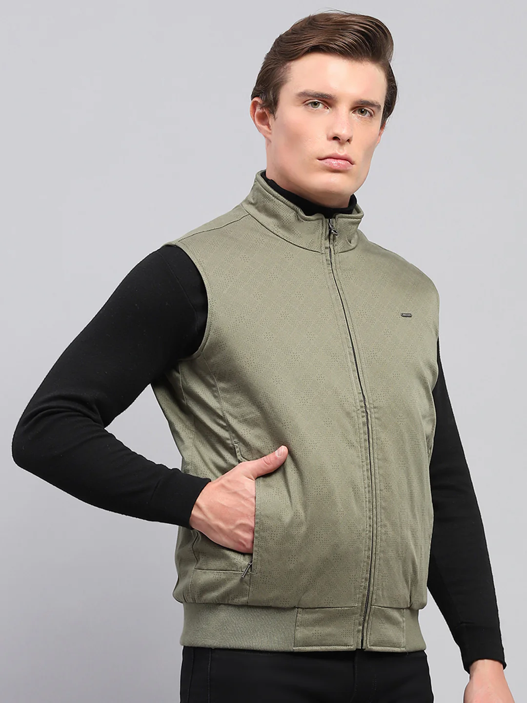 Men Olive Solid Mock Neck Sleeveless Jacket - Image 4