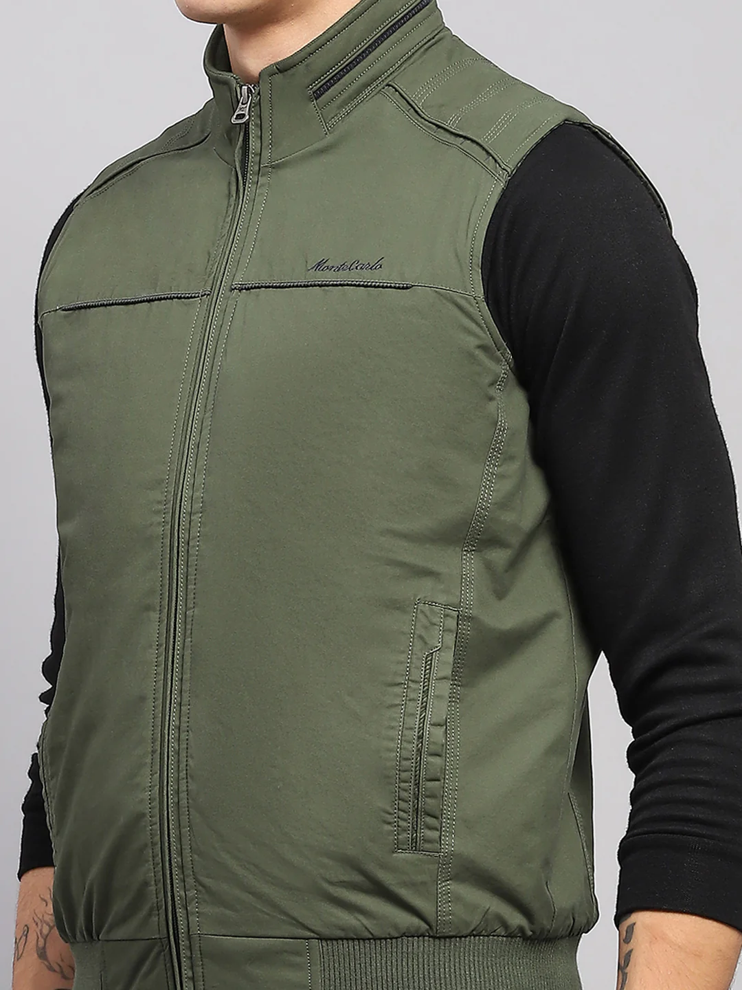 Men Olive Solid Mock Neck Sleeveless Jacket - Image 6
