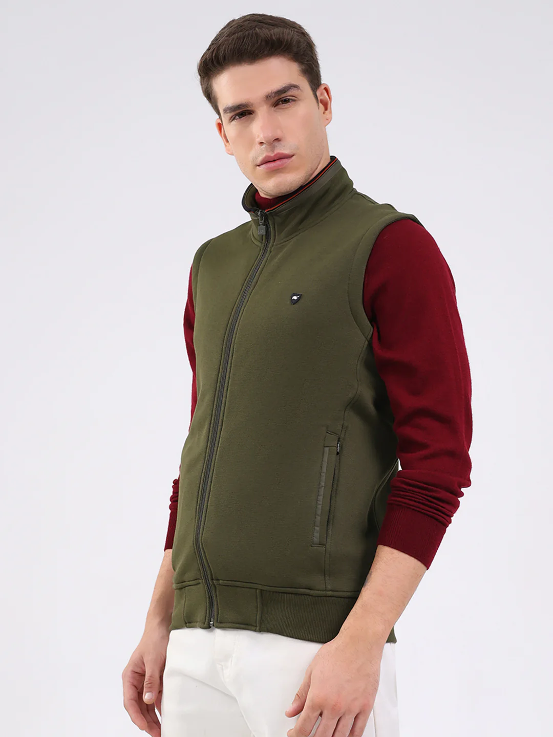 Men Olive Solid Mock Neck Sleeveless Sweatshirt - Image 3
