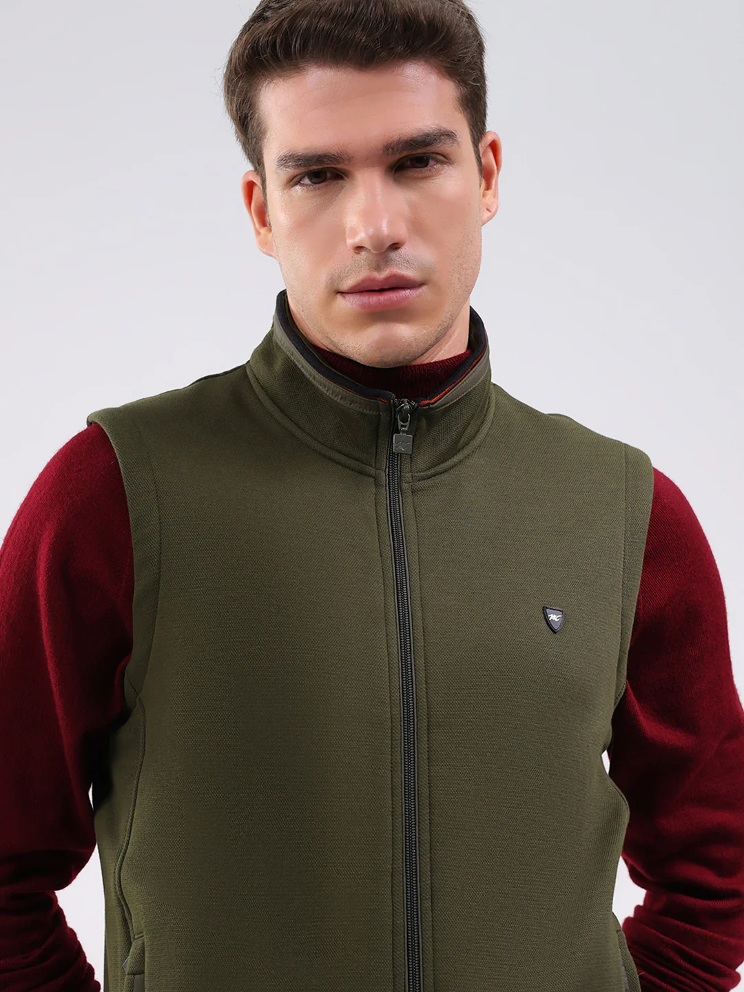 Men Olive Solid Mock Neck Sleeveless Sweatshirt - Image 6