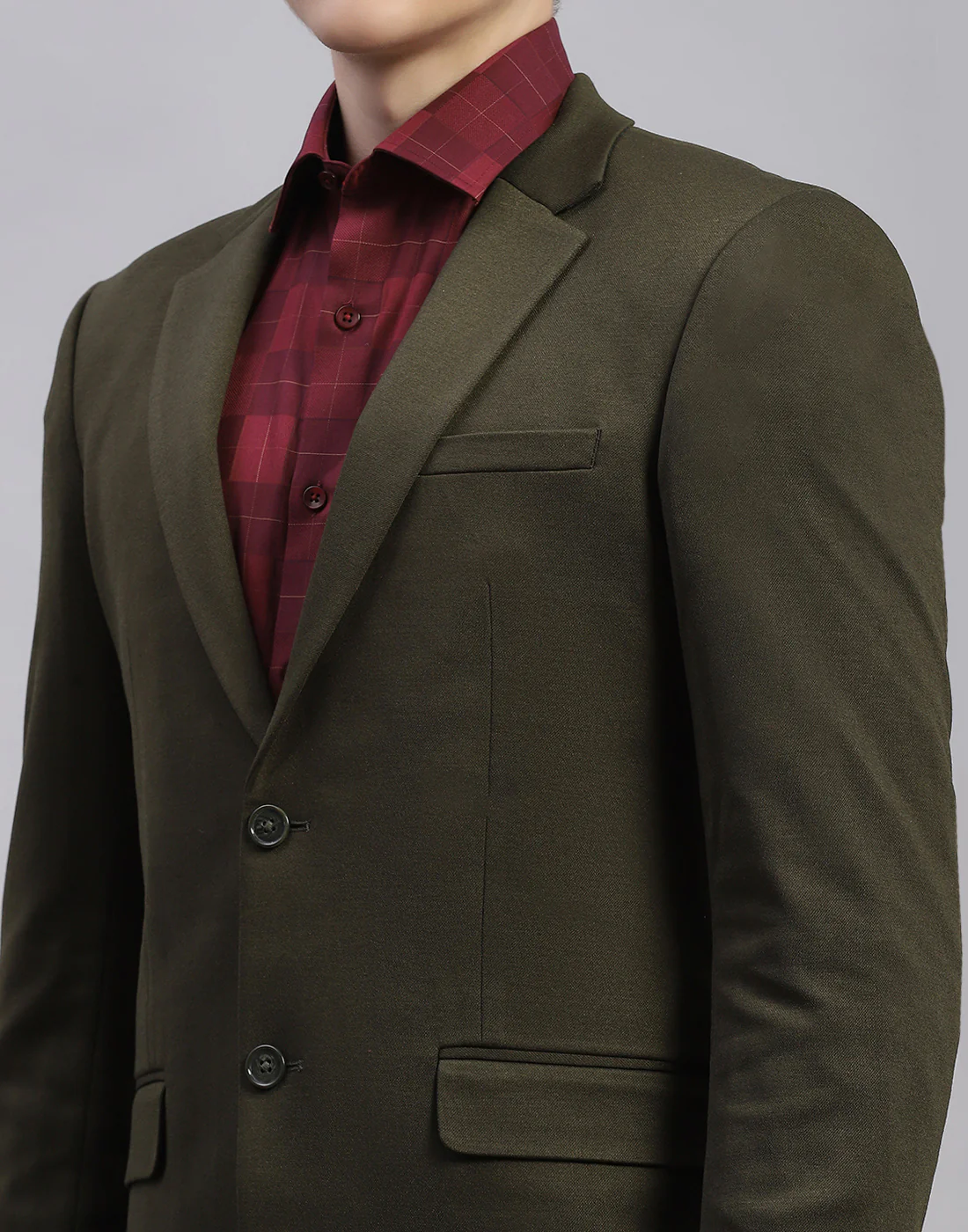 Men Olive Solid Notch Lapel Collar Full Sleeve Blazer - Image 6