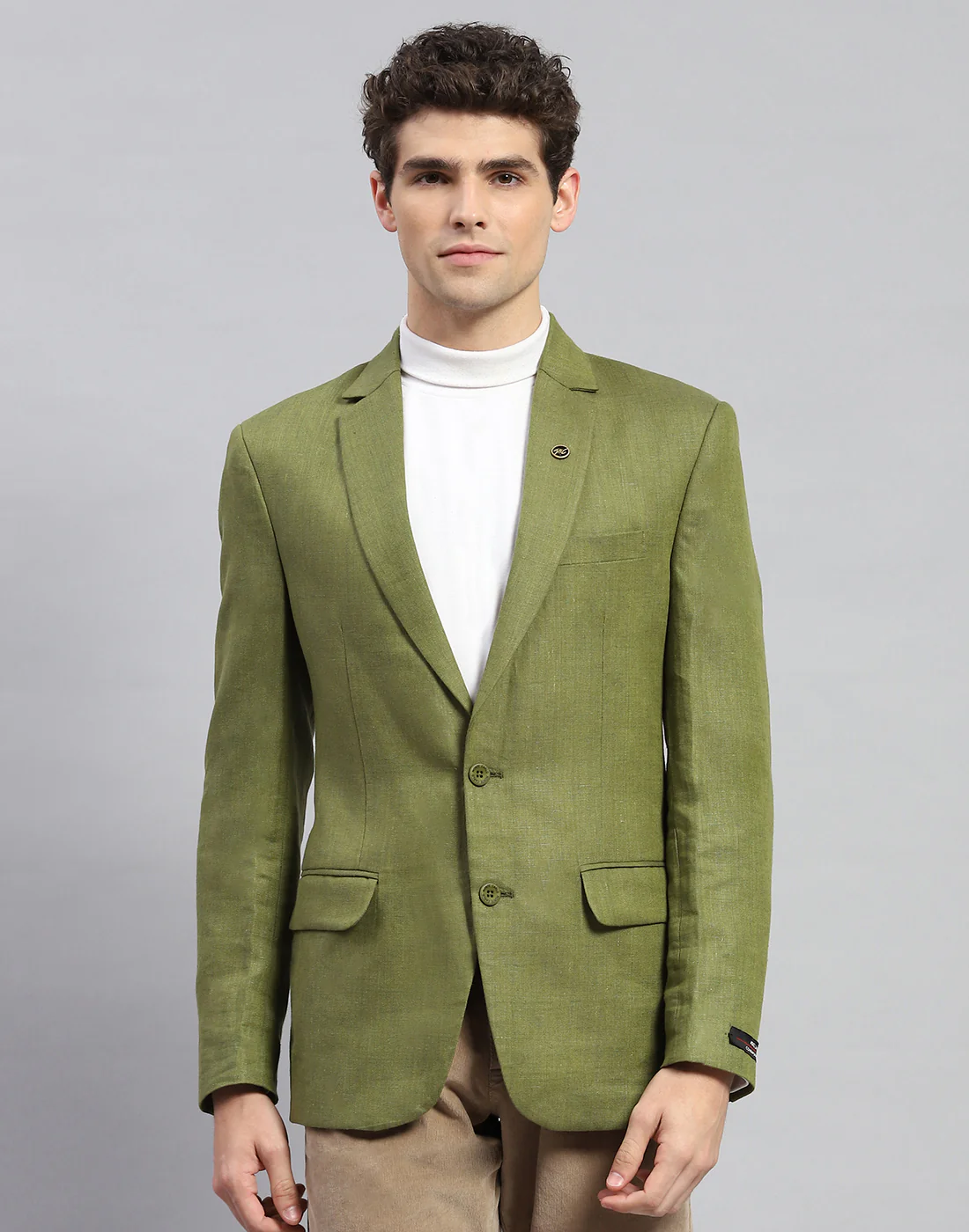 Men Olive Solid Notch Lapel Collar Full Sleeve Blazer - Image 3