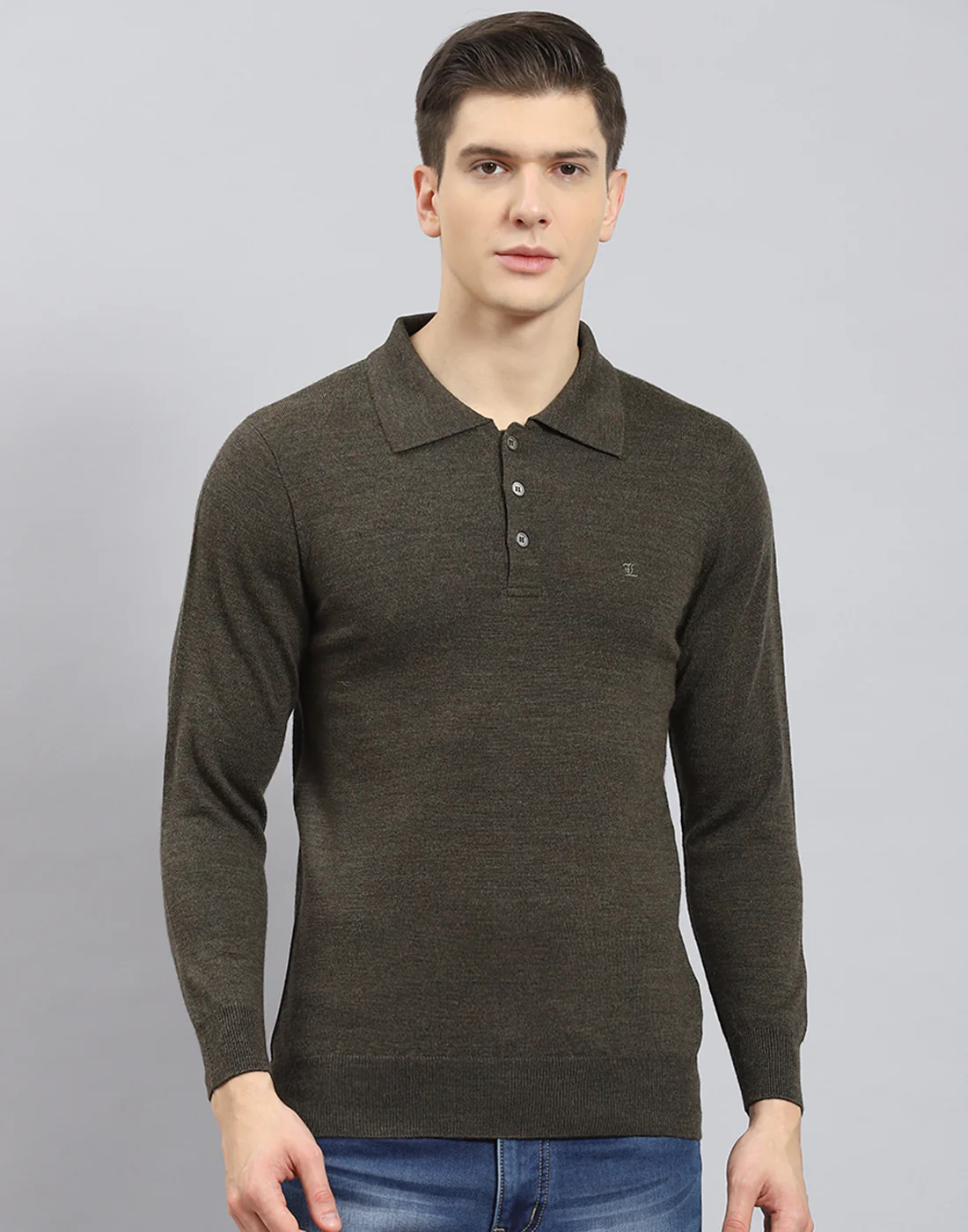 Men Olive Solid Polo Collar Full Sleeve T-Shirt - Image 3