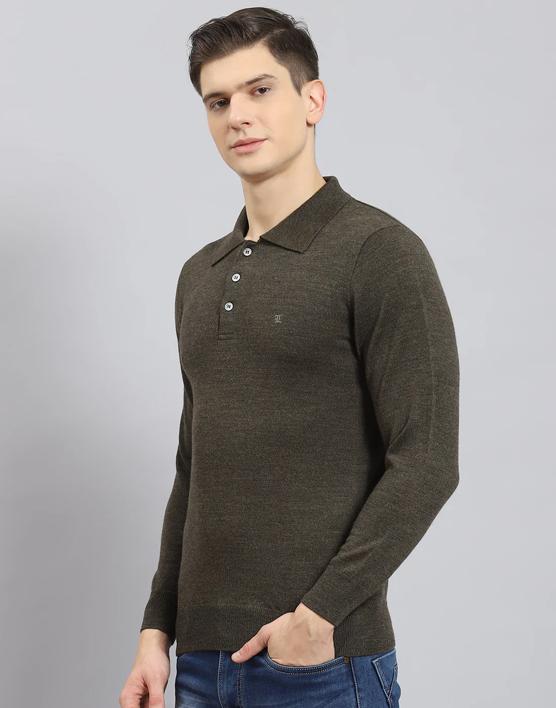 Men Olive Solid Polo Collar Full Sleeve T-Shirt - Image 4