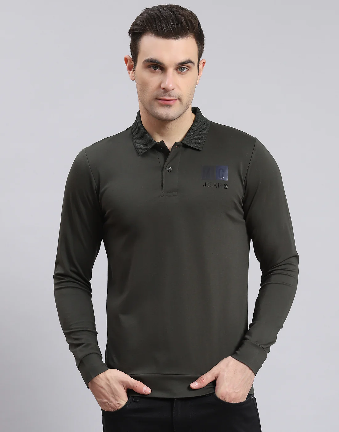 Men Olive Solid Polo Collar Full Sleeve T-Shirt - Image 2