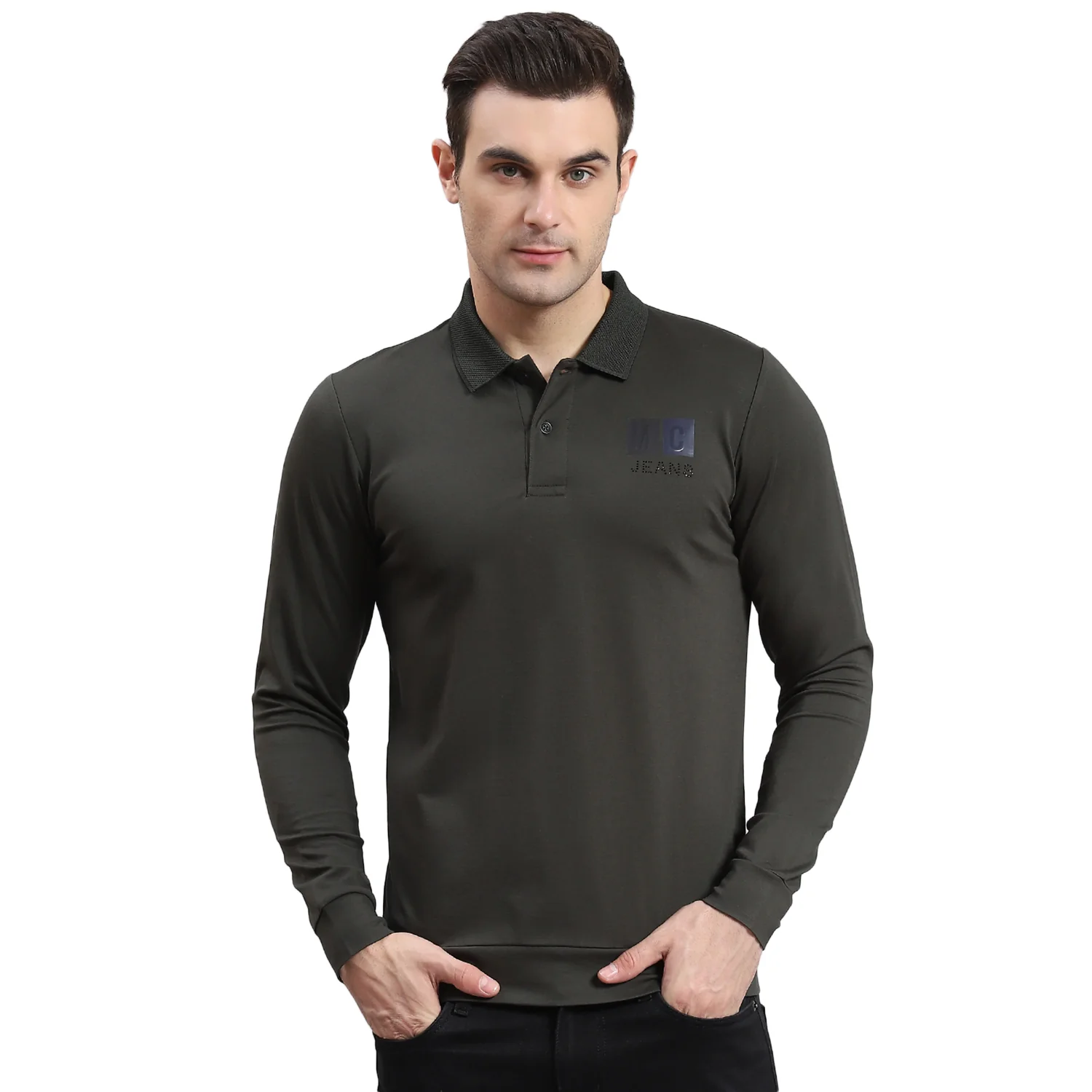 Men Olive Solid Polo Collar Full Sleeve T-Shirt - Image 5