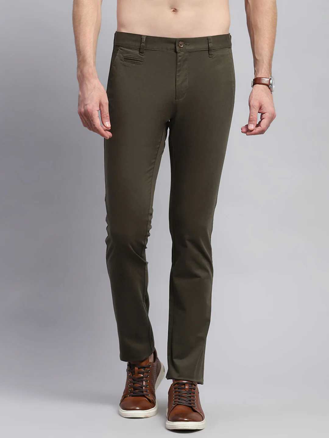 Men Olive Solid Regular Fit Trouser - Image 2
