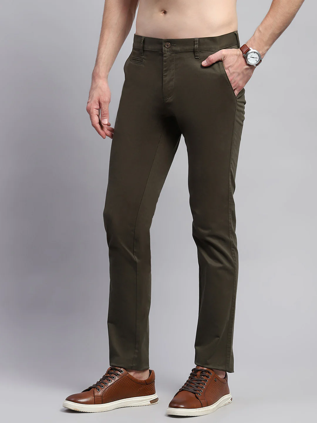 Men Olive Solid Regular Fit Trouser - Image 3