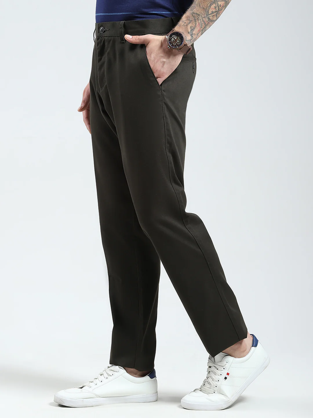 Men Olive Solid Regular Fit Trouser - Image 3