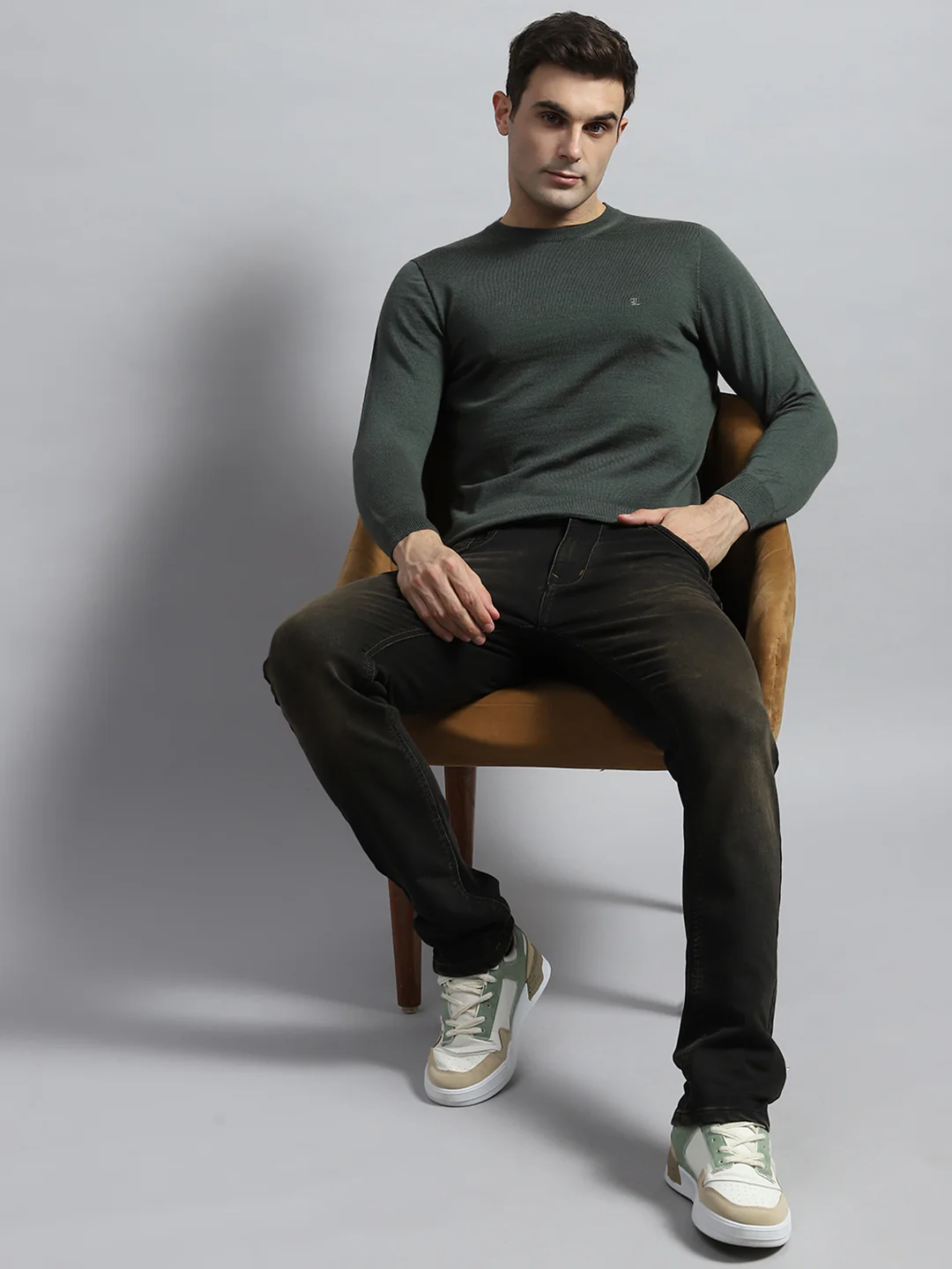 Luxuria Men Olive Solid Round Neck Full Sleeve Pullover - Image 2