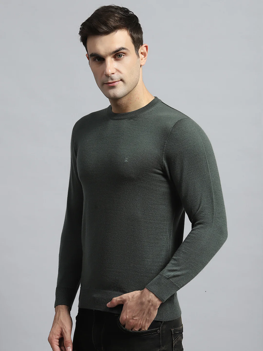 Luxuria Men Olive Solid Round Neck Full Sleeve Pullover - Image 3
