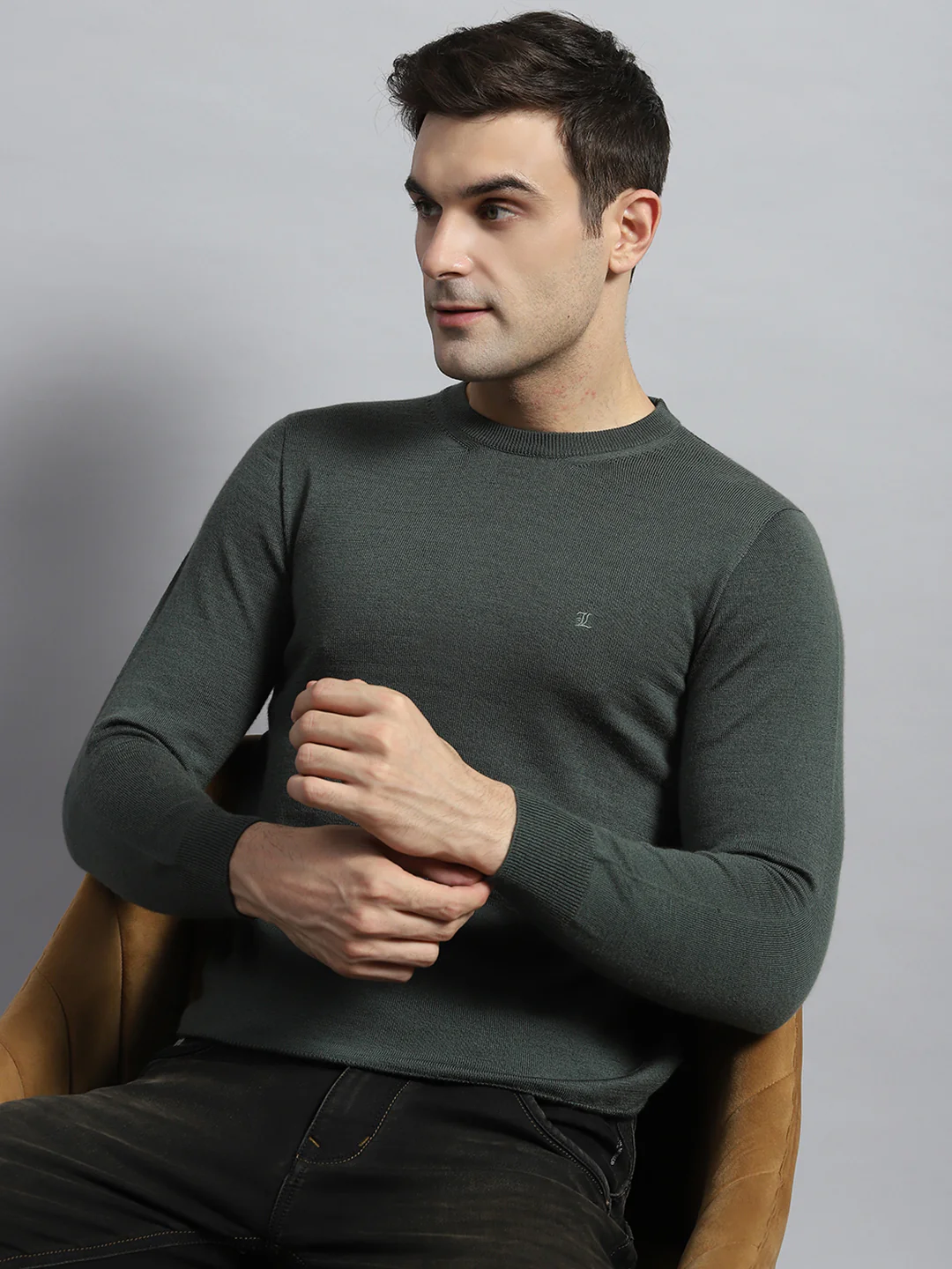 Luxuria Men Olive Solid Round Neck Full Sleeve Pullover - Image 6