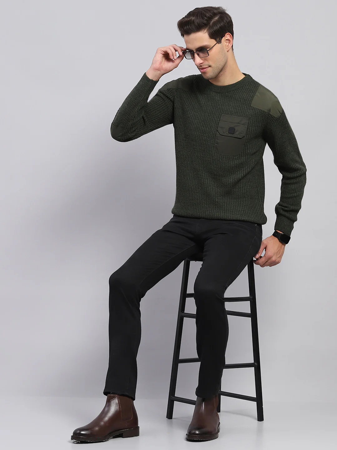Rock.it Men Olive Solid Round Neck Full Sleeve Pullover - Image 2