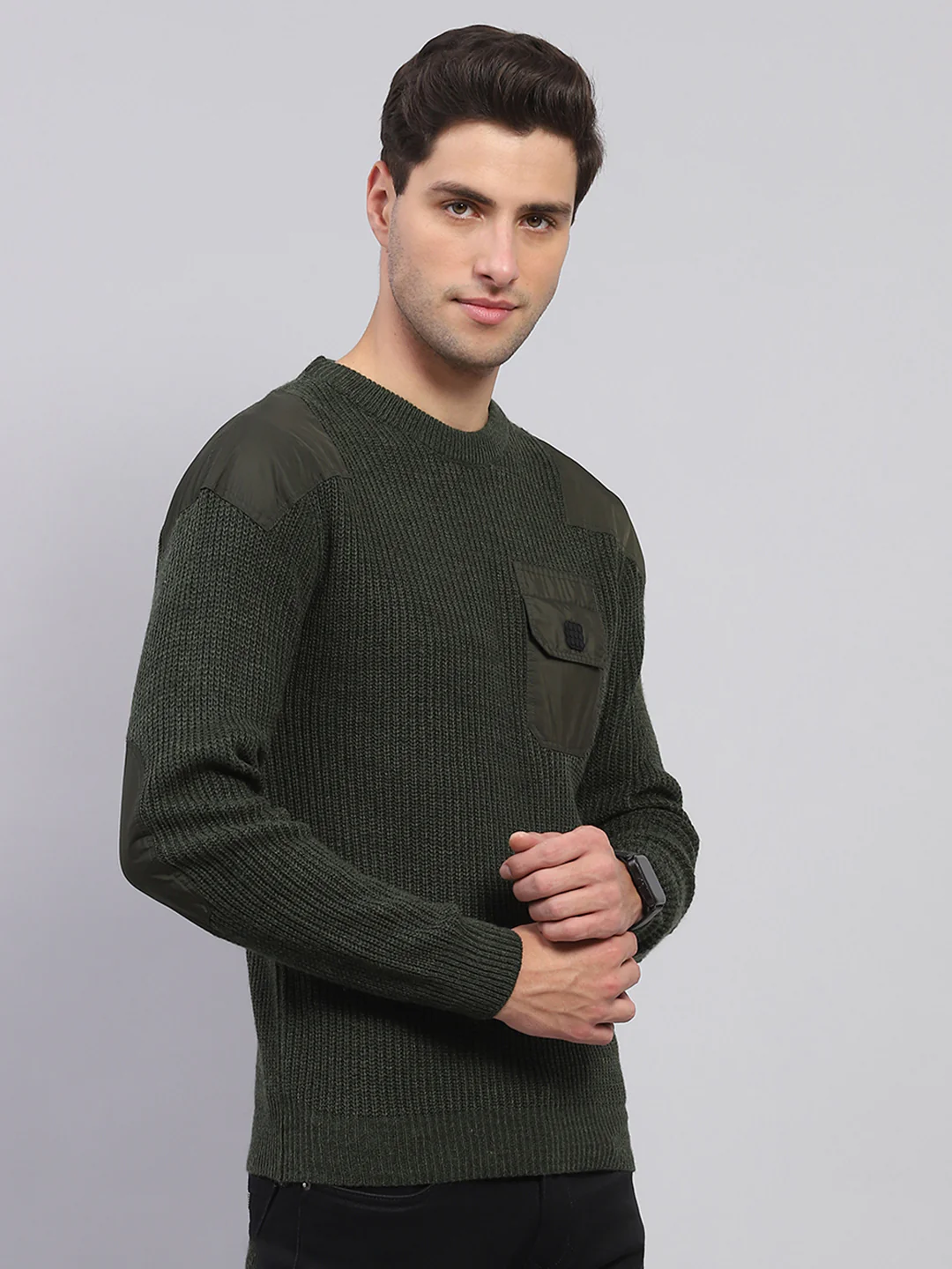 Rock.it Men Olive Solid Round Neck Full Sleeve Pullover - Image 4