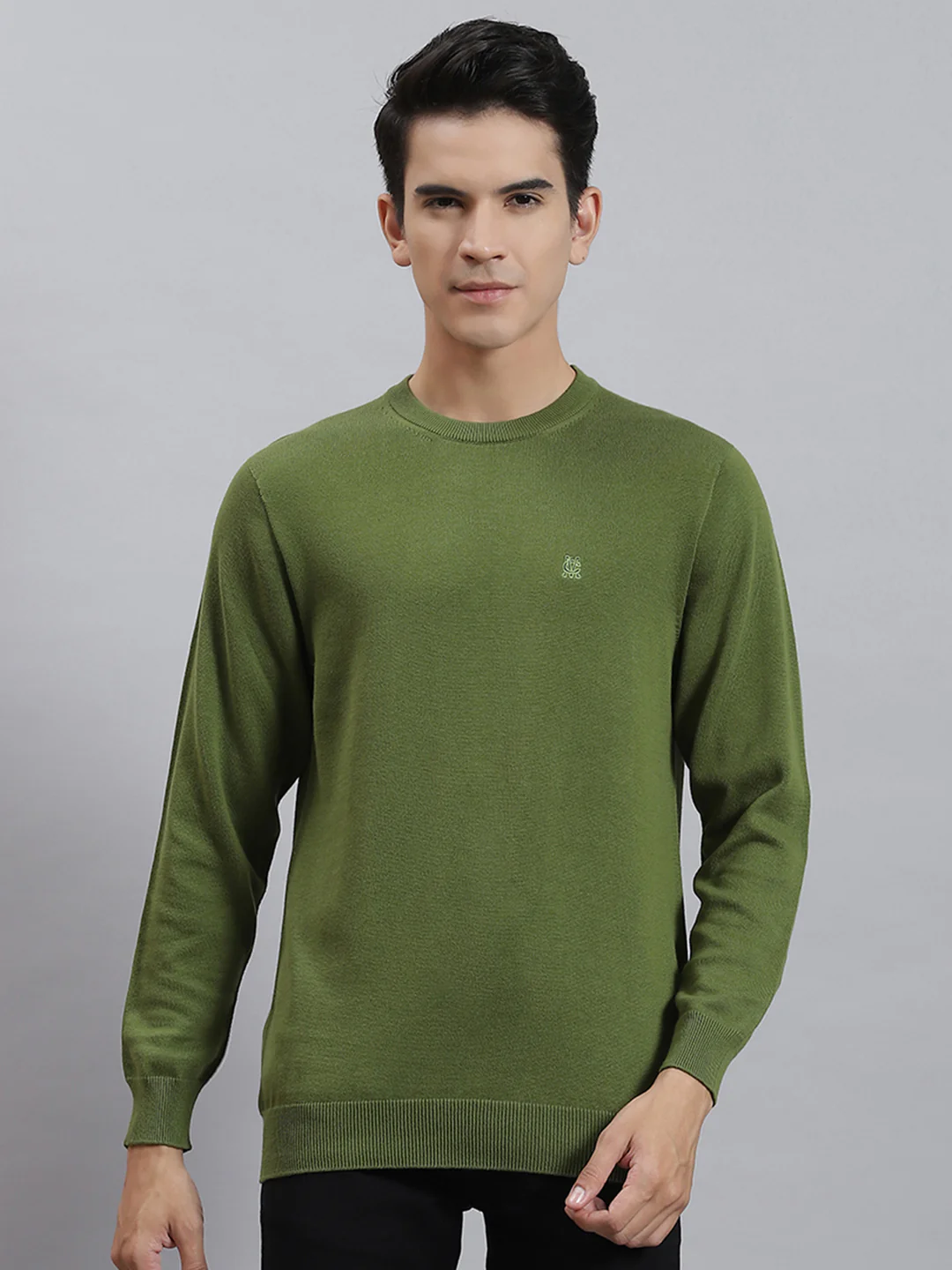 Men Olive Solid Round Neck Full Sleeve Sweaters/Pullovers - Image 2