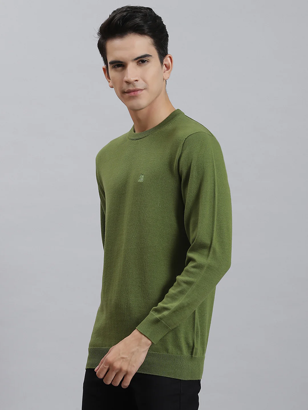 Men Olive Solid Round Neck Full Sleeve Sweaters/Pullovers - Image 3