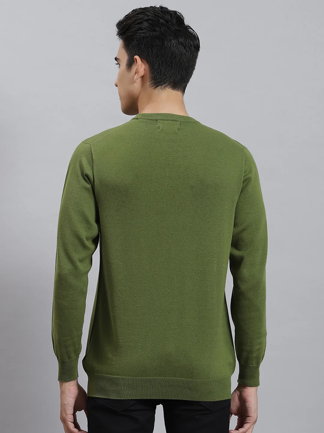 Men Olive Solid Round Neck Full Sleeve Sweaters/Pullovers - Image 5