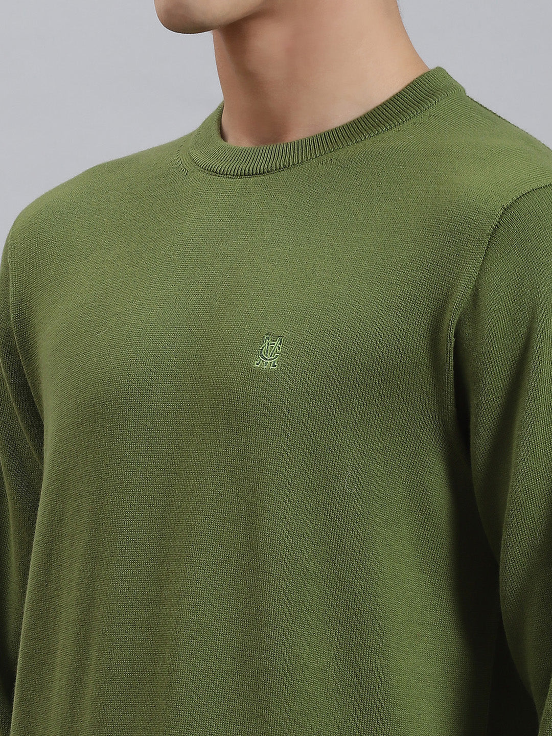 Men Olive Solid Round Neck Full Sleeve Sweaters/Pullovers - Image 6