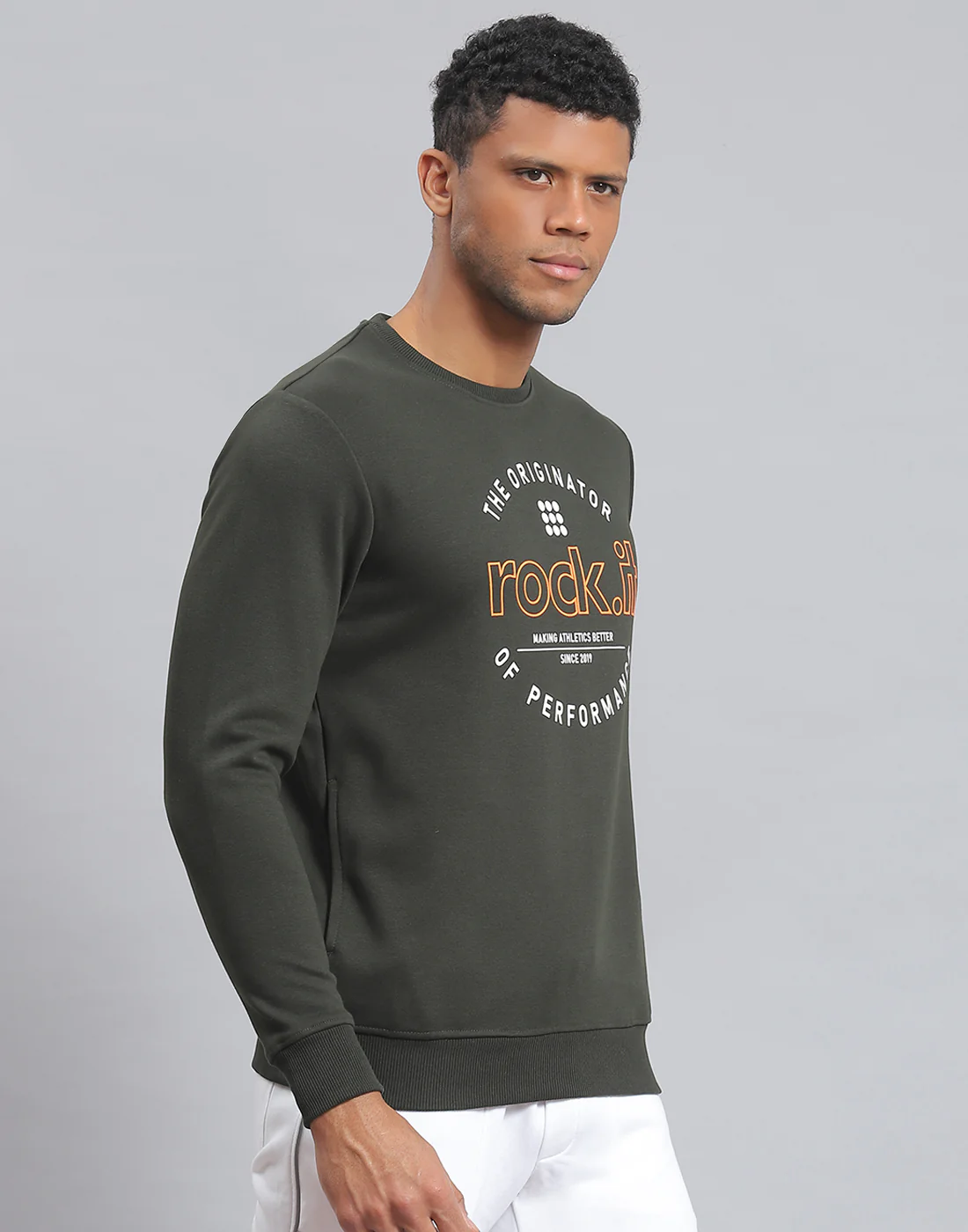 Rock.it Men Olive Solid Round Neck Full Sleeve Sweatshirt - Image 5