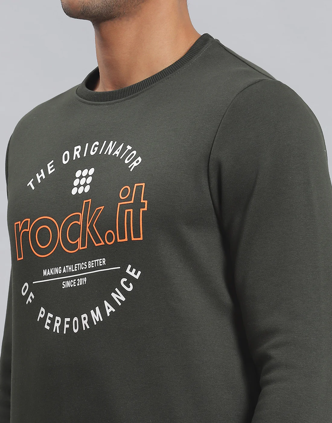 Rock.it Men Olive Solid Round Neck Full Sleeve Sweatshirt - Image 7