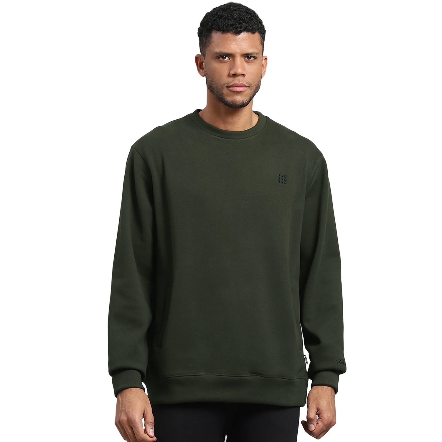 Rock.it Men Olive Solid Round Neck Full Sleeve Sweatshirt - Image 5