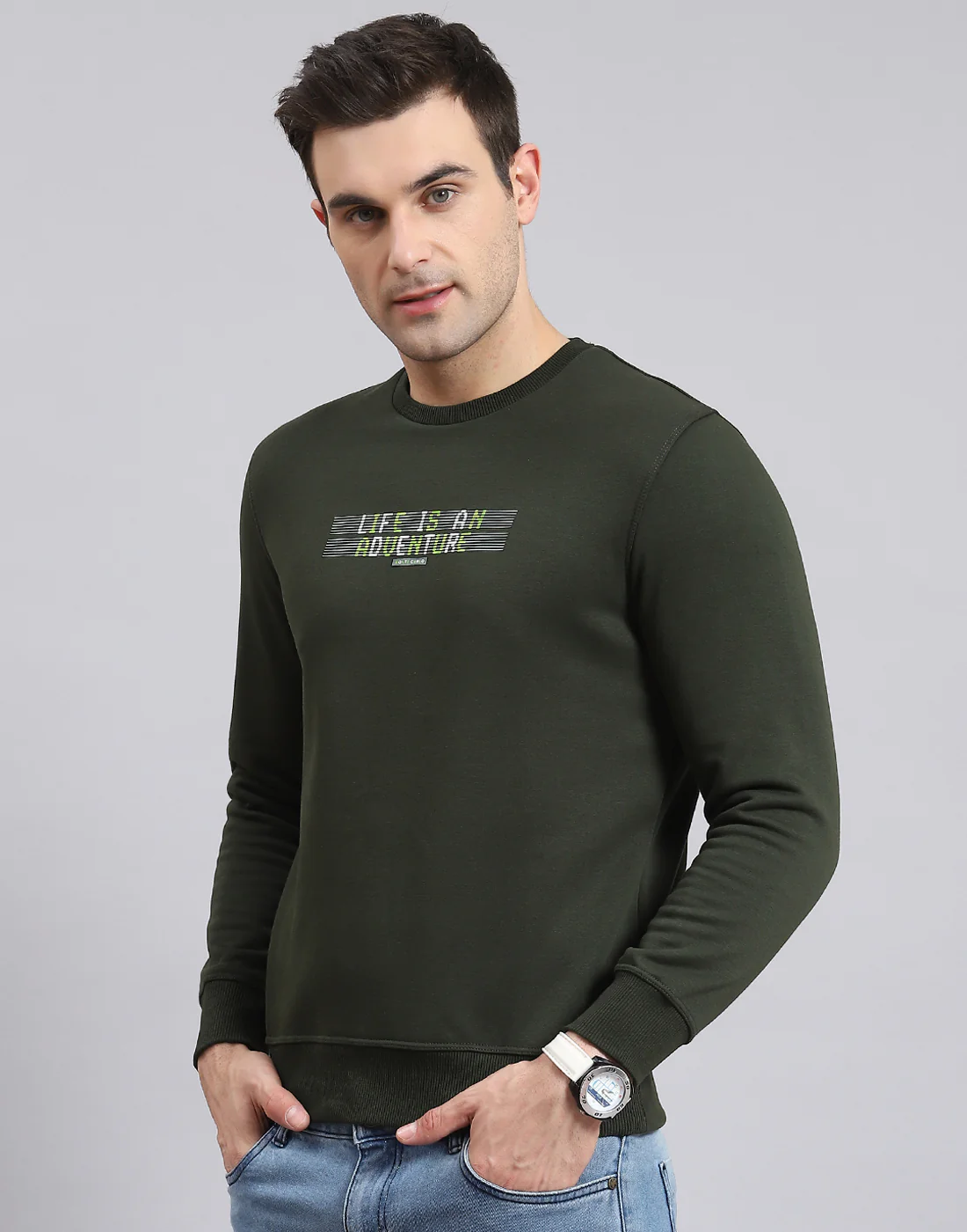 Men Olive Solid Round Neck Full Sleeve Sweatshirt - Image 3