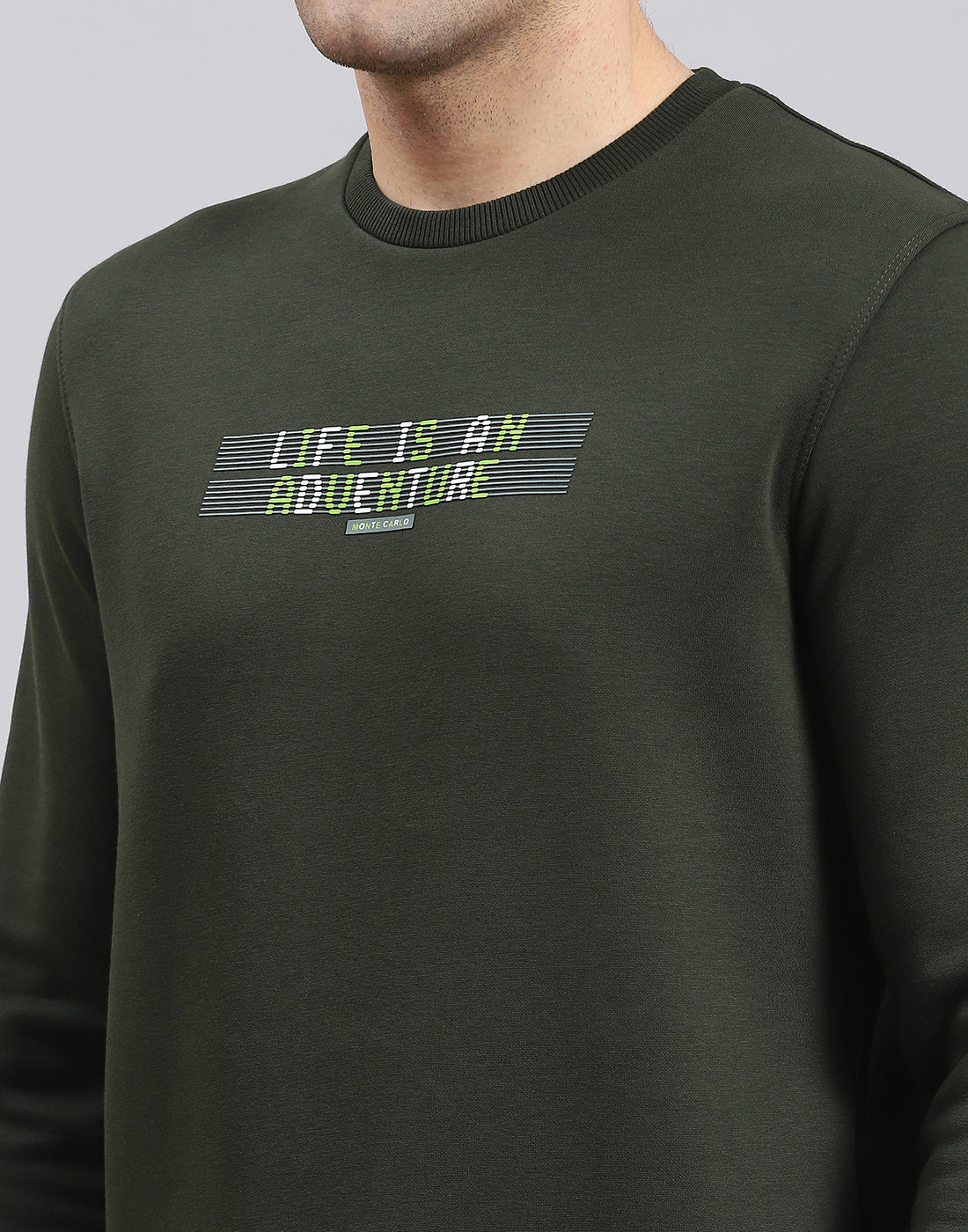 Men Olive Solid Round Neck Full Sleeve Sweatshirt - Image 7