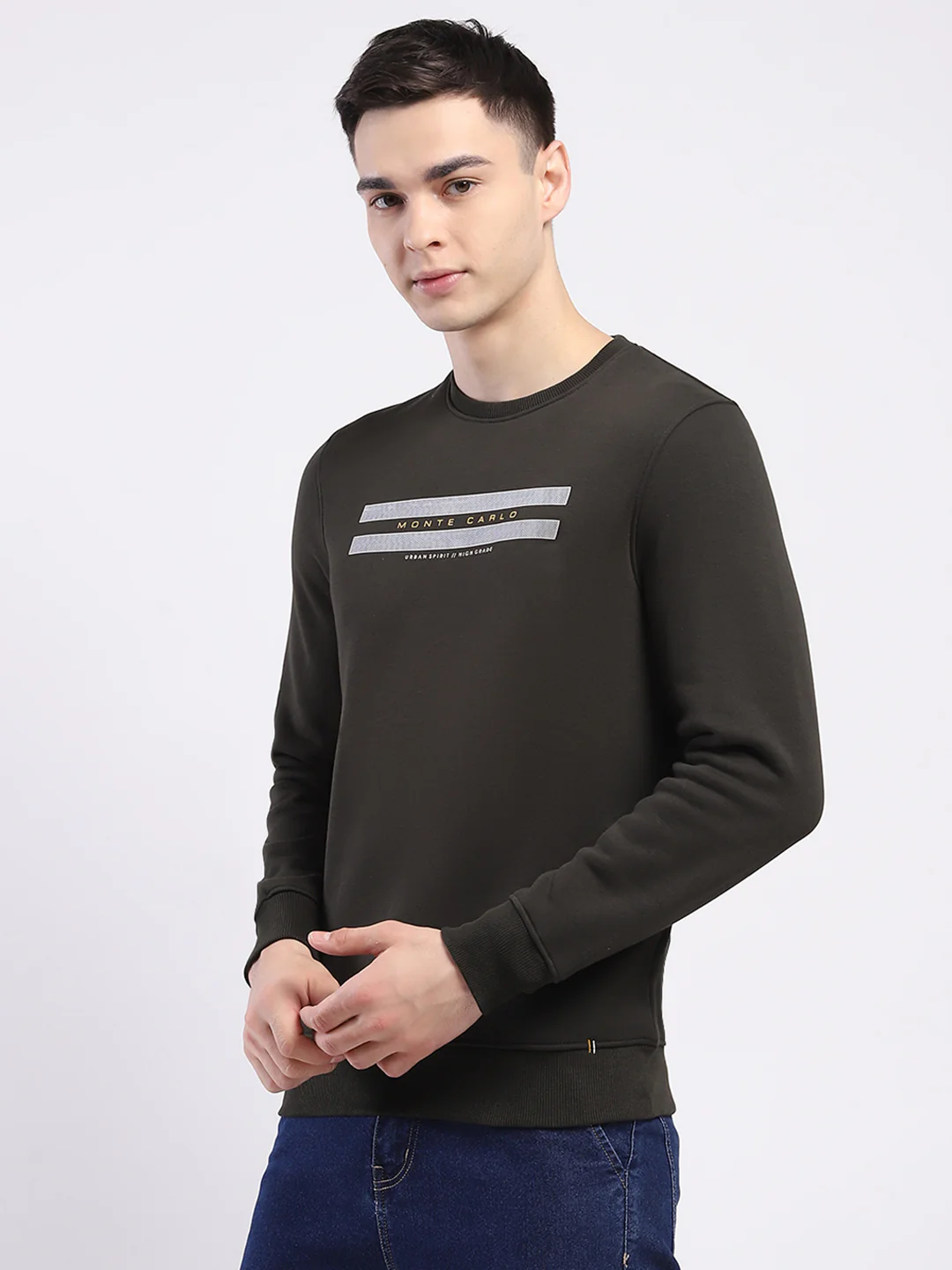 Men Olive Solid Round Neck Full Sleeve Sweatshirt - Image 3