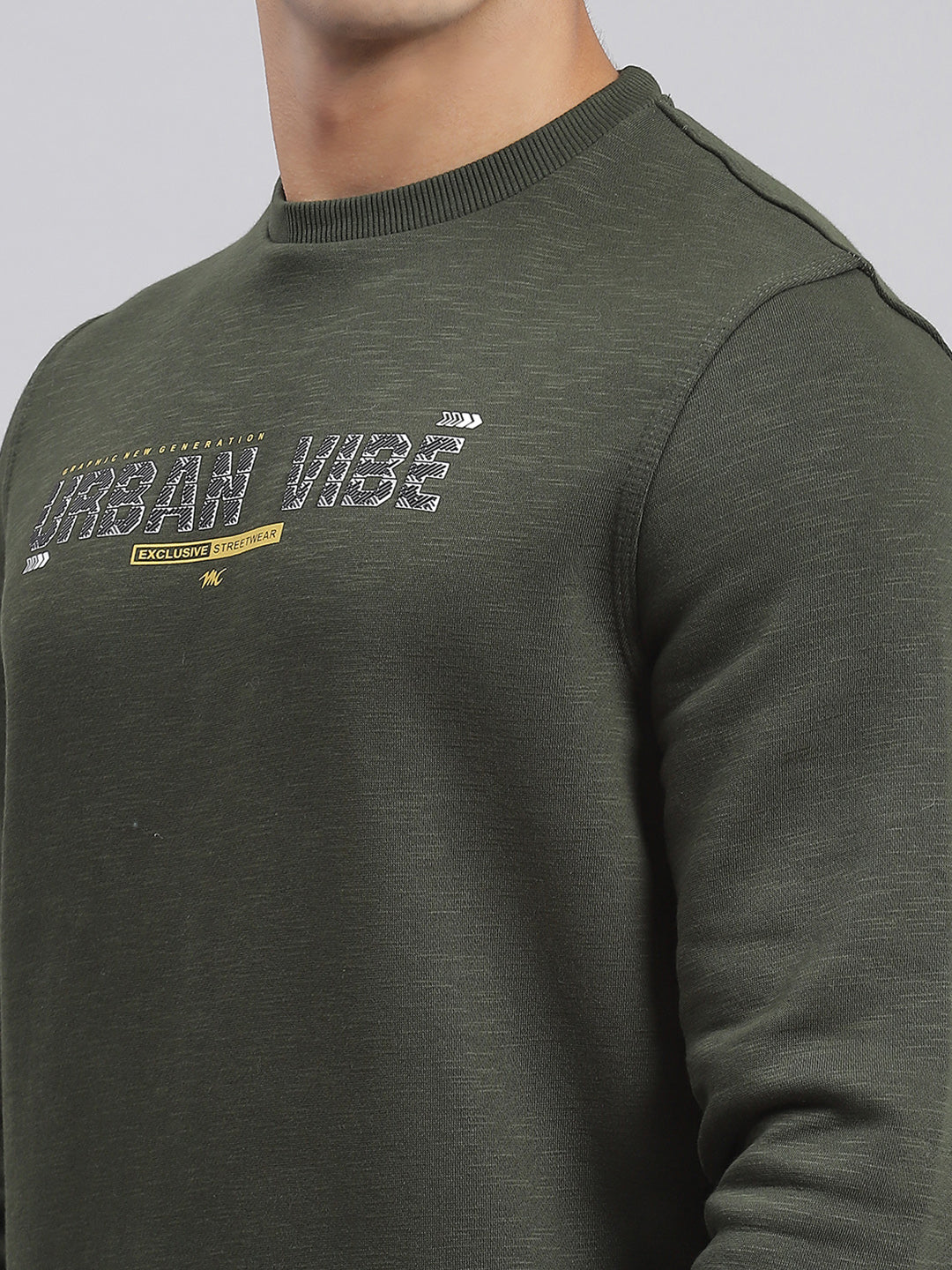 Men Olive Solid Round Neck Full Sleeve Sweatshirts - Image 6