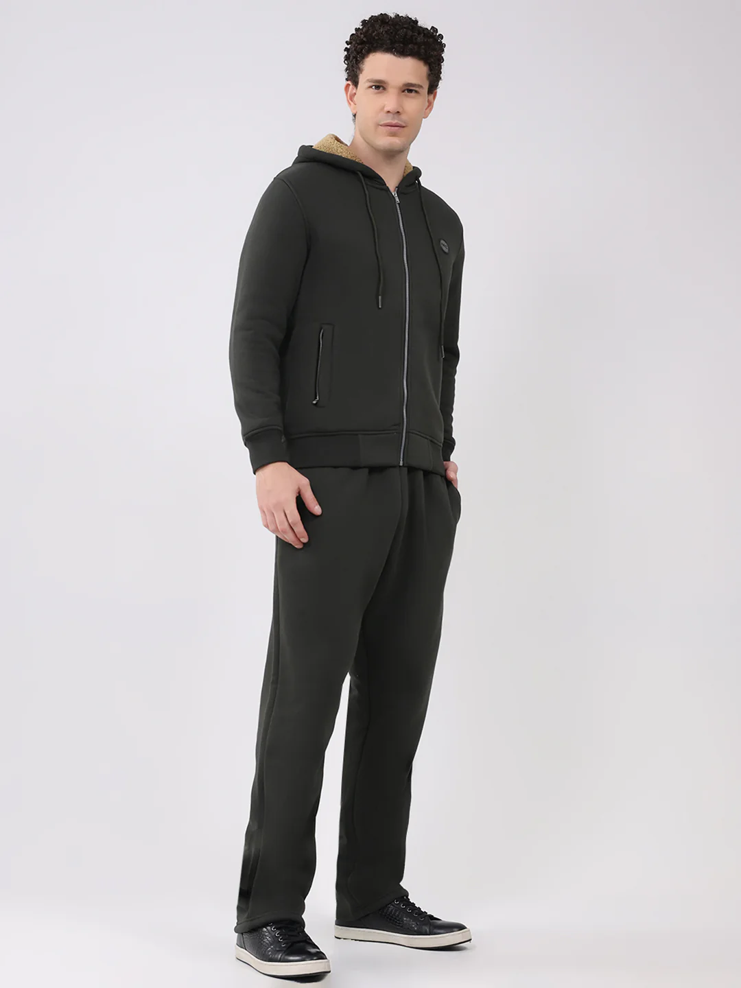 Men Olive Solid Round Neck Full Sleeve Winter Tracksuit - Image 4