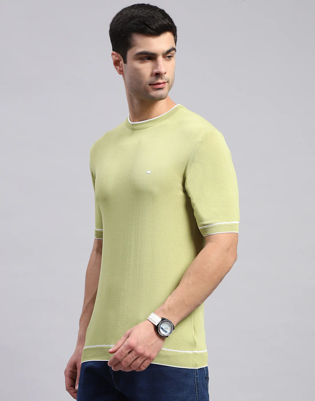 Men Olive Solid Round Neck Half Sleeve T-Shirt - Image 3