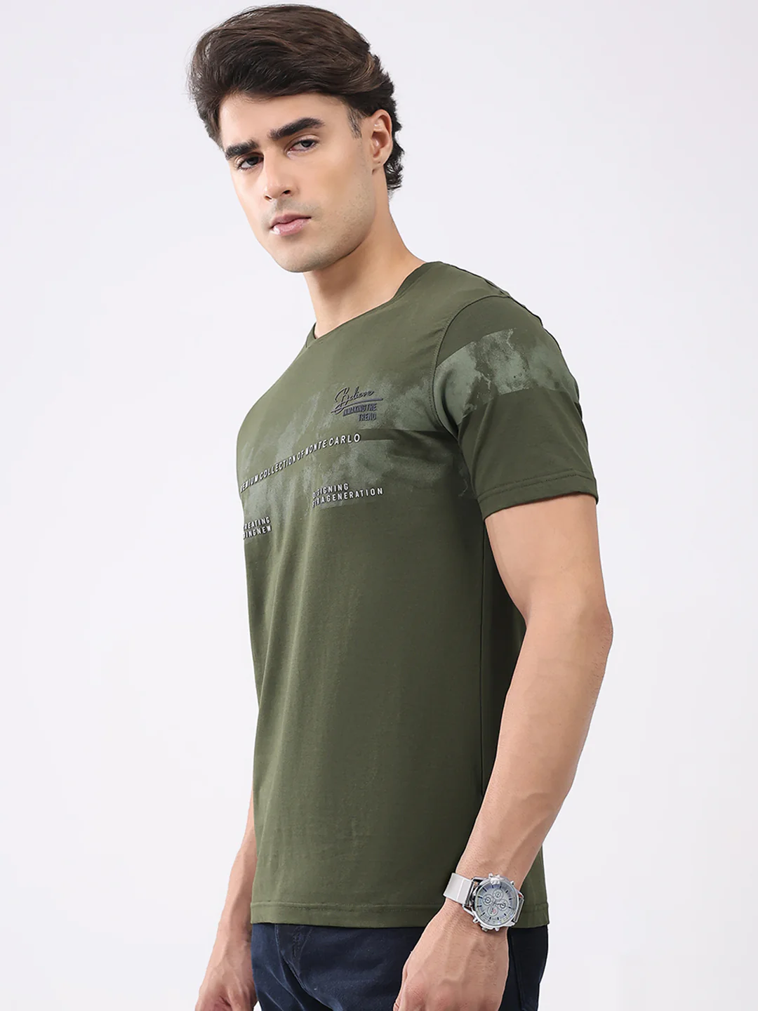 Men Olive Solid Round Neck Half Sleeve T-Shirt - Image 3