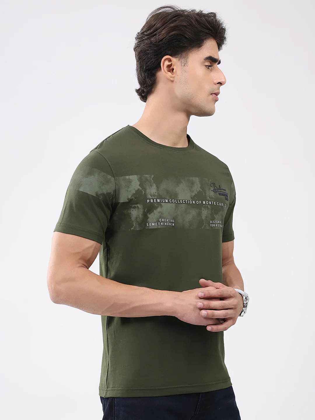 Men Olive Solid Round Neck Half Sleeve T-Shirt - Image 4