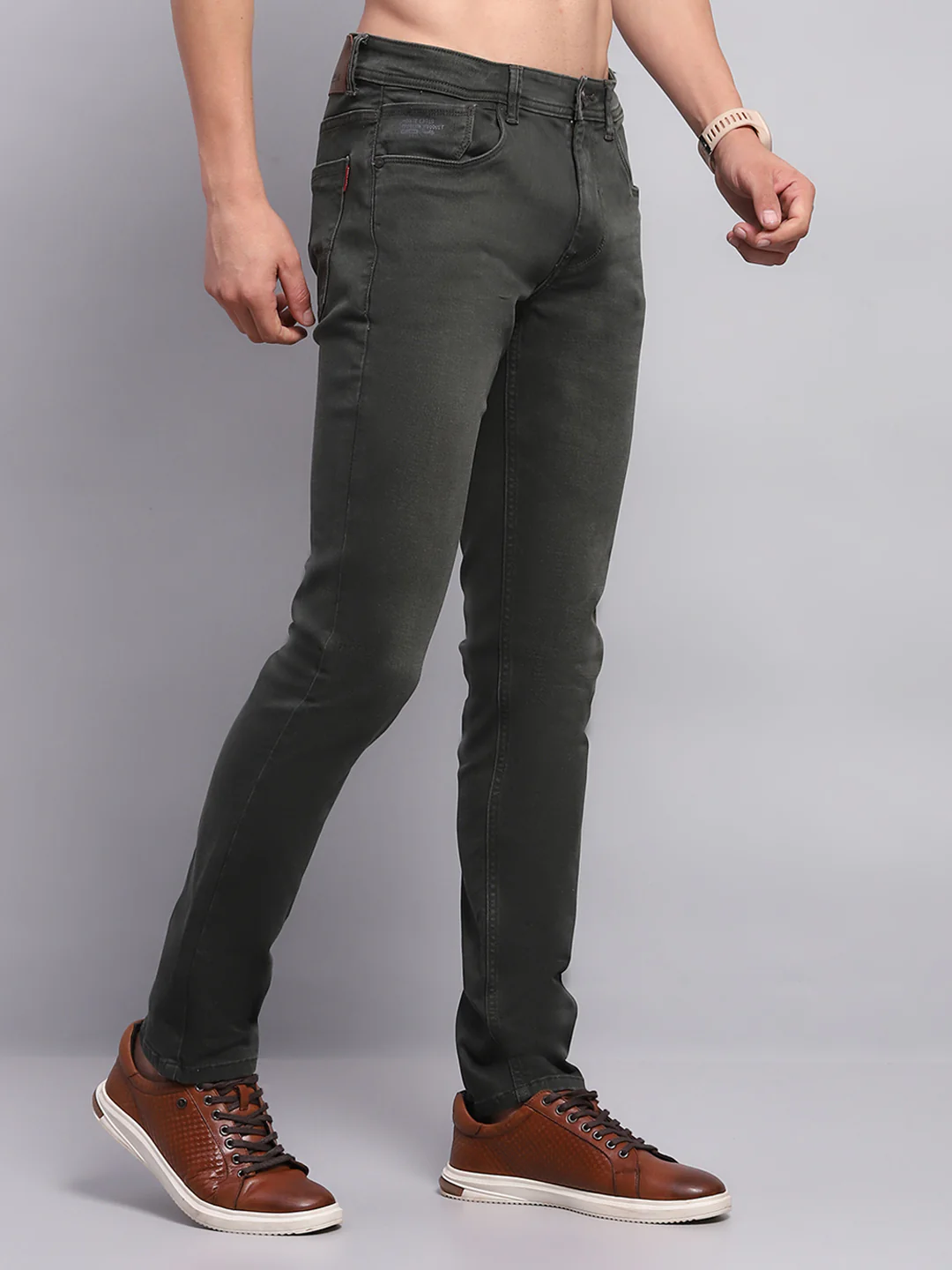 Men Olive Solid Skinny Fit Denim - Image 4