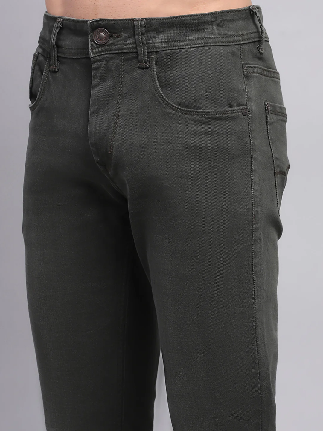 Men Olive Solid Skinny Fit Denim - Image 6