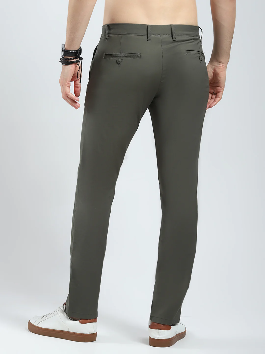 Men Olive Solid Slim Fit Trouser - Image 5