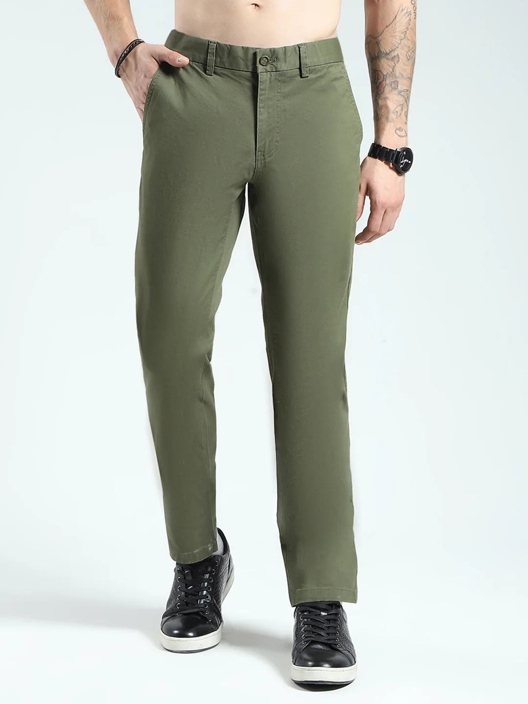 Men Olive Solid Slim Fit Trouser