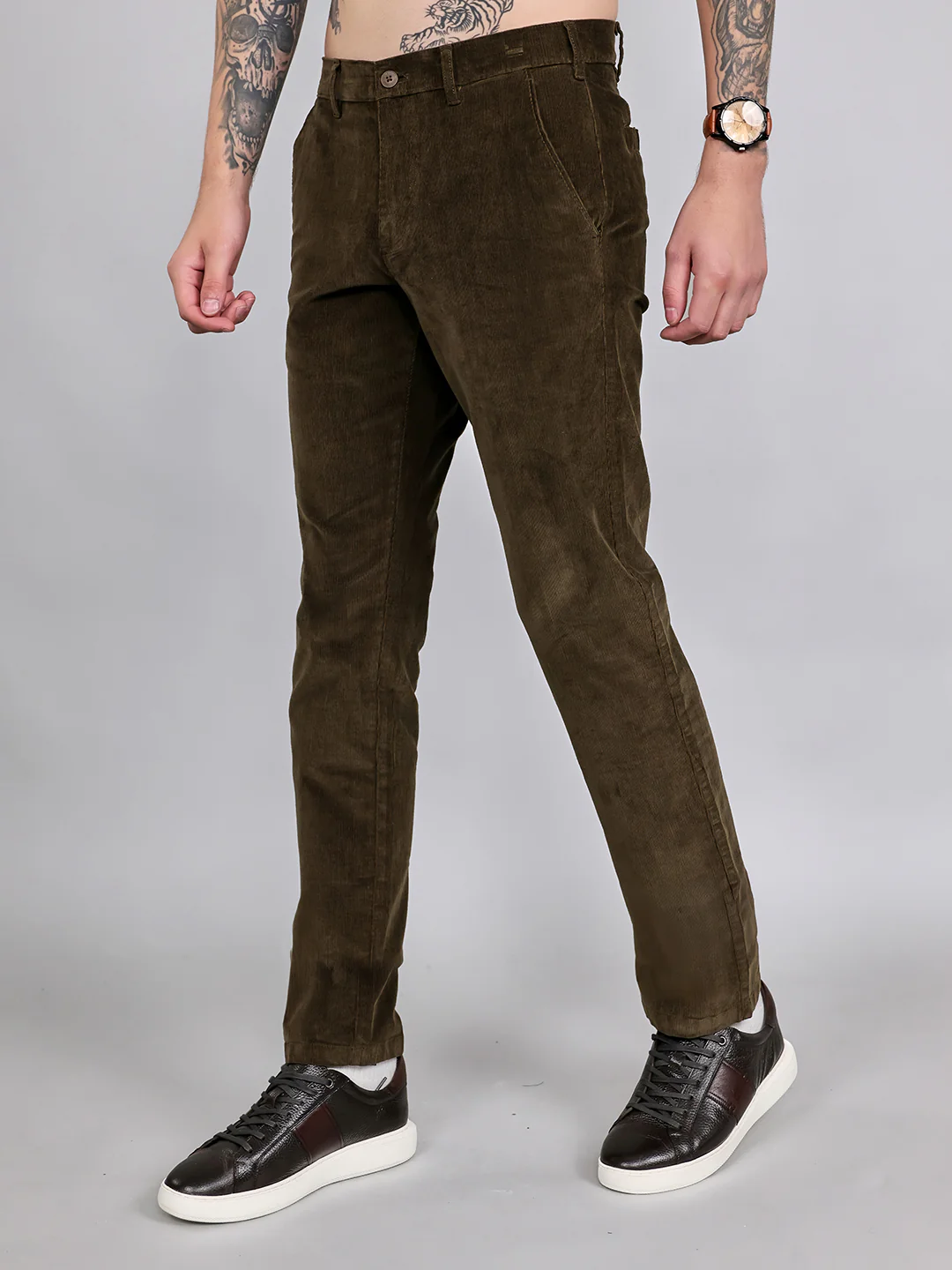 Men Olive Solid Slim Fit Trouser - Image 2