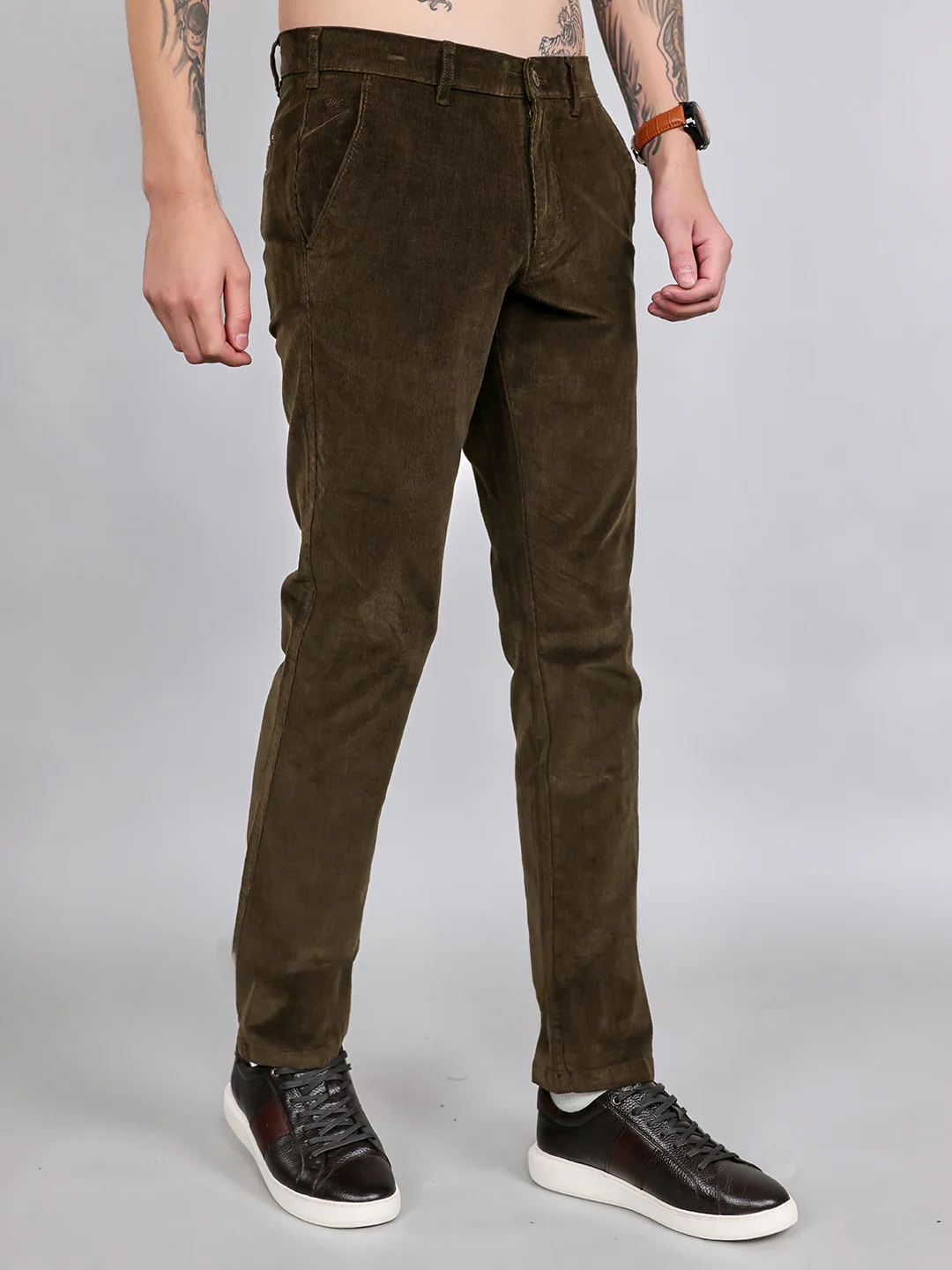 Men Olive Solid Slim Fit Trouser - Image 3