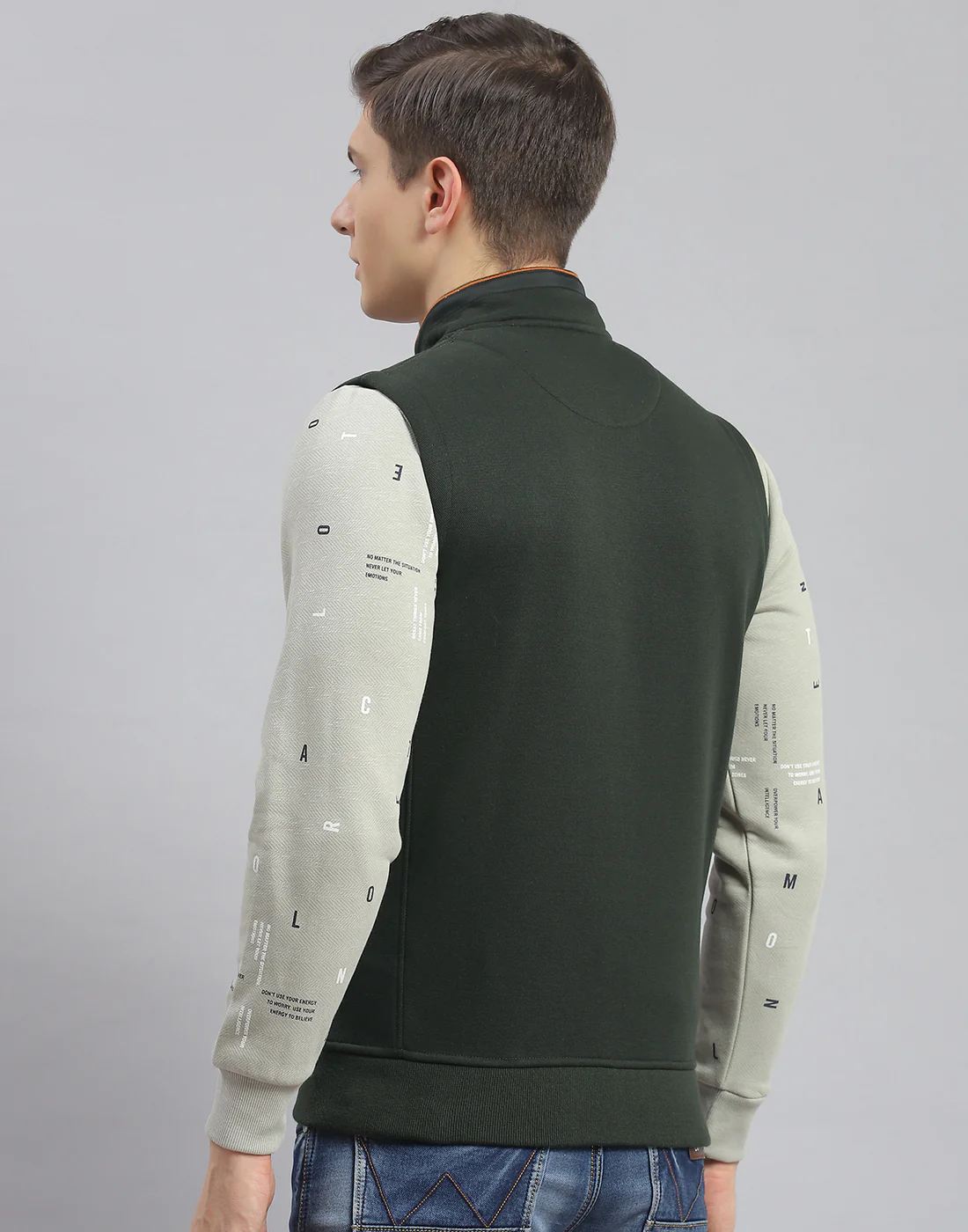 Men Olive Solid Stand Collar Sleeveless Jacket - Image 5