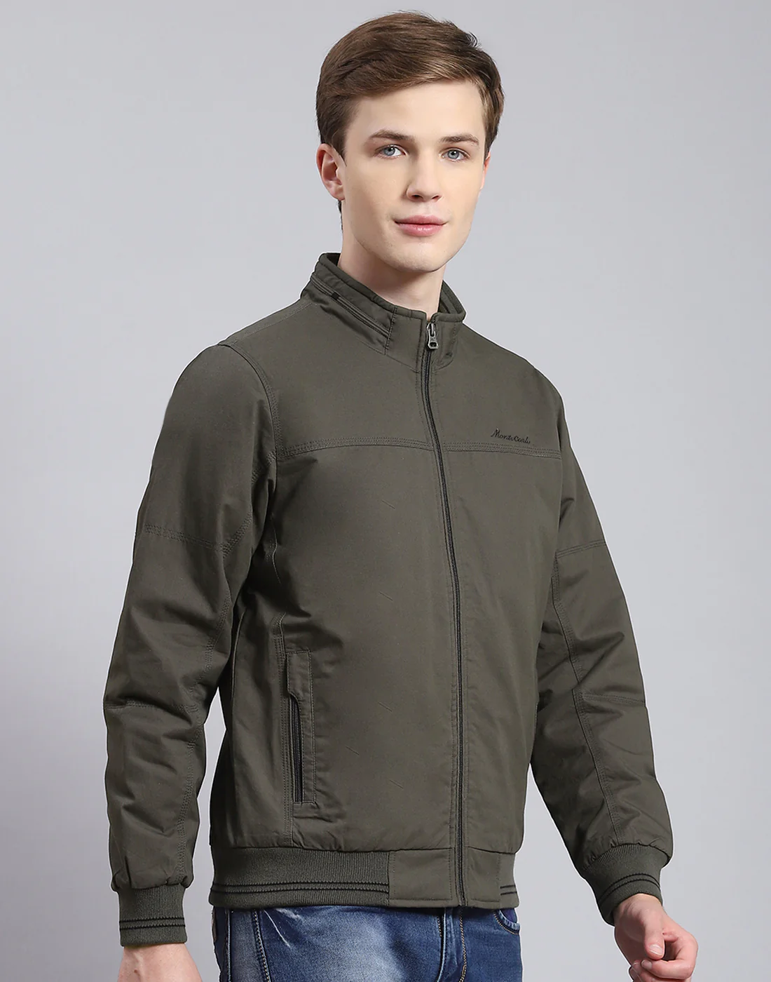 Men Olive Solid Stand Collar Full Sleeve Jacket - Image 4