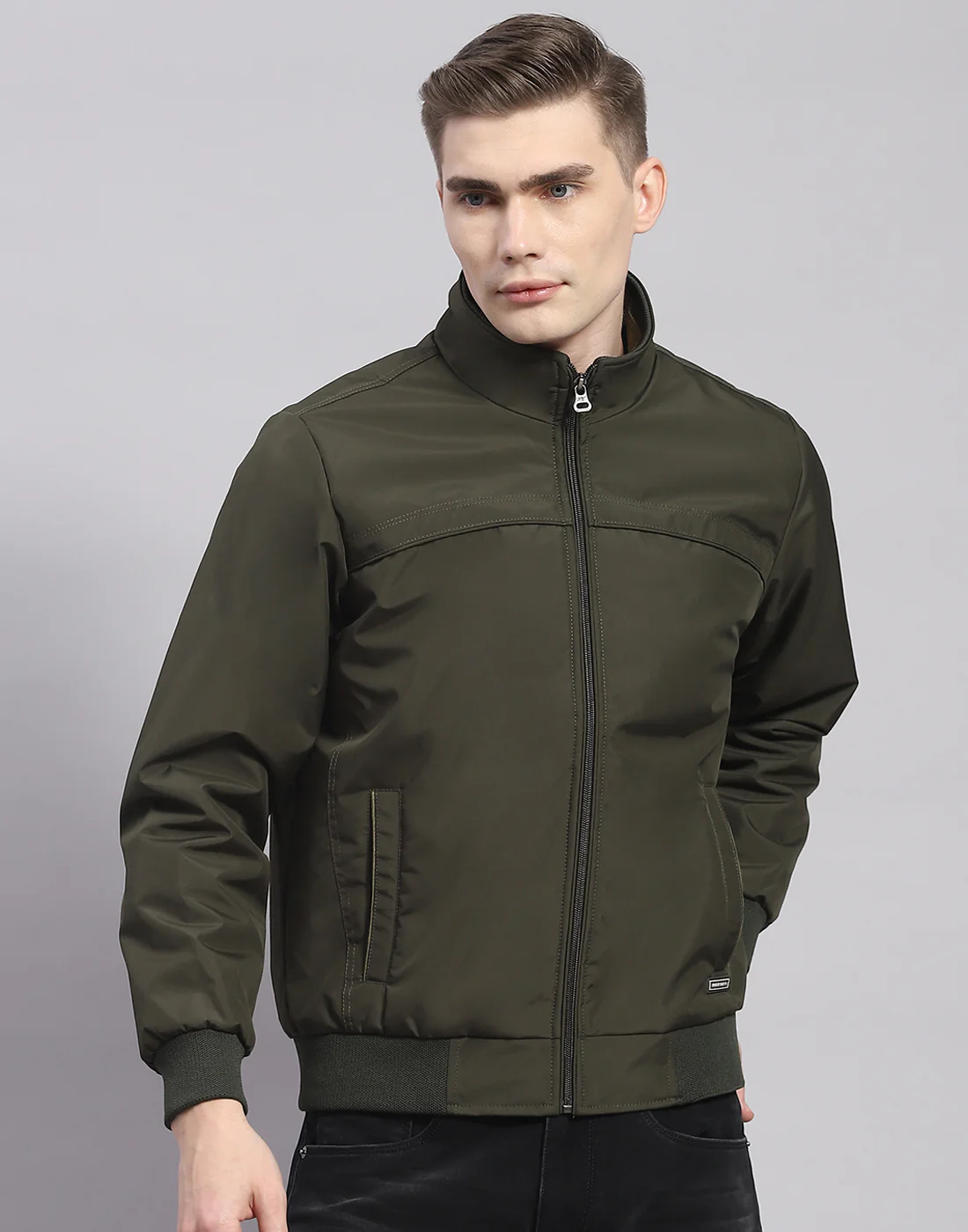 Men Olive Solid Stand Collar Full Sleeve Jacket - Image 2