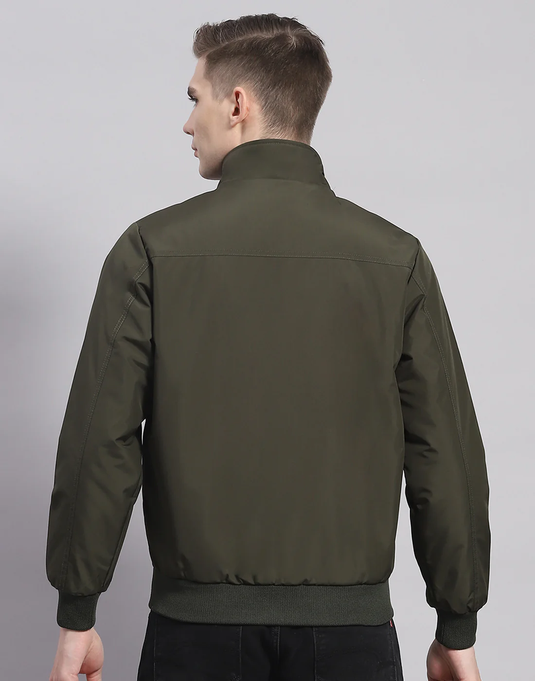 Men Olive Solid Stand Collar Full Sleeve Jacket - Image 5