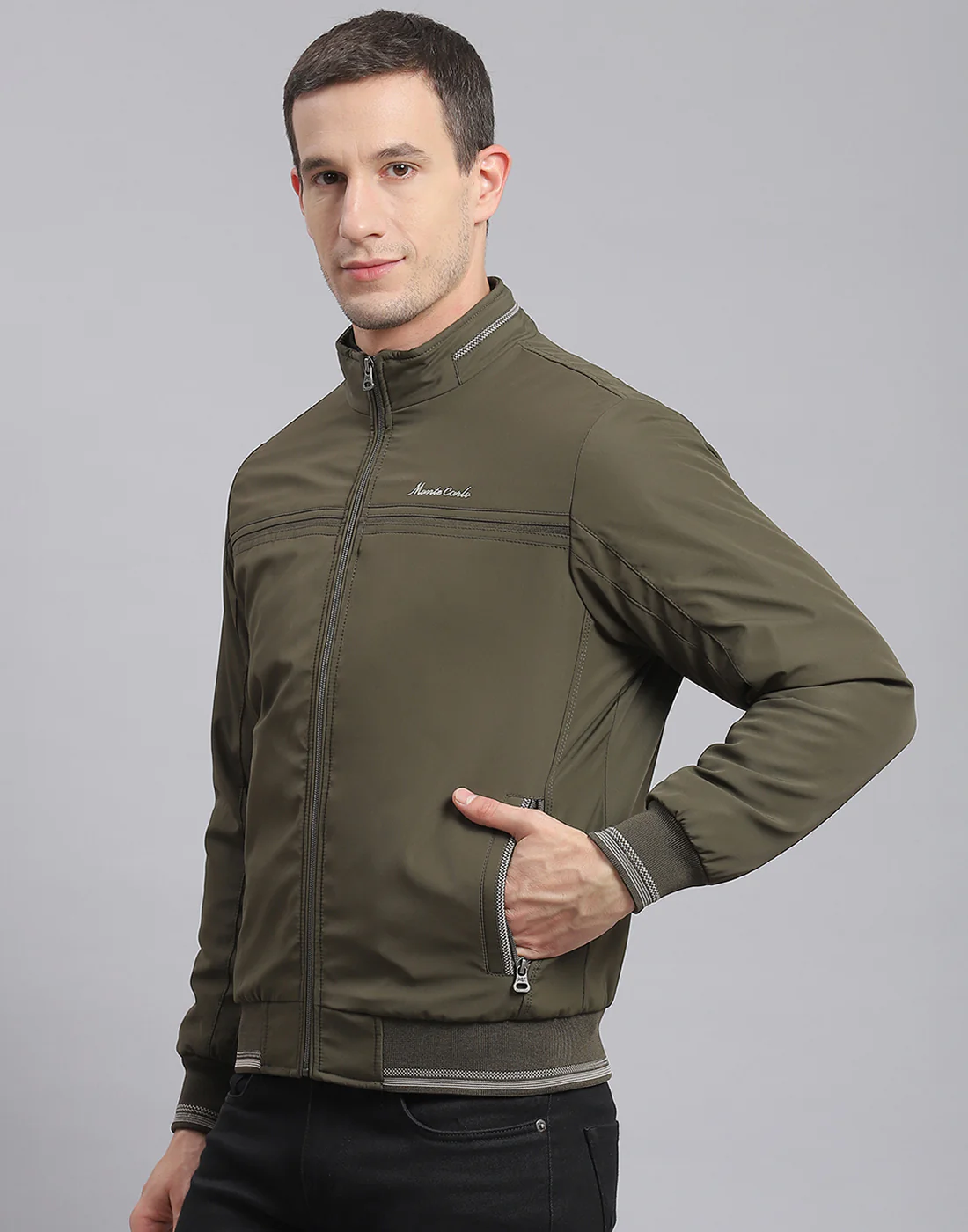 Men Olive Solid Stand Collar Full Sleeve Jacket - Image 3