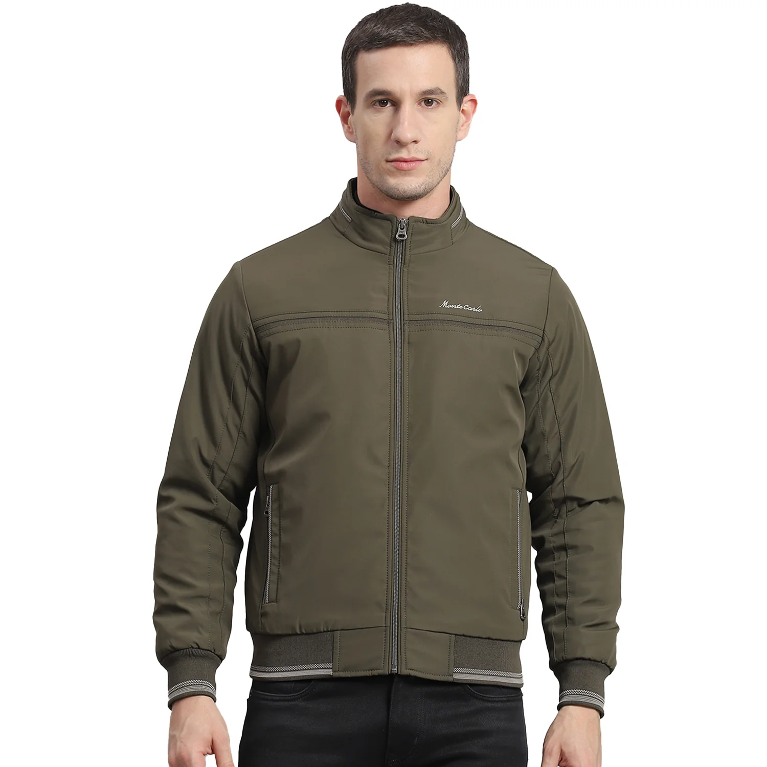 Men Olive Solid Stand Collar Full Sleeve Jacket - Image 5