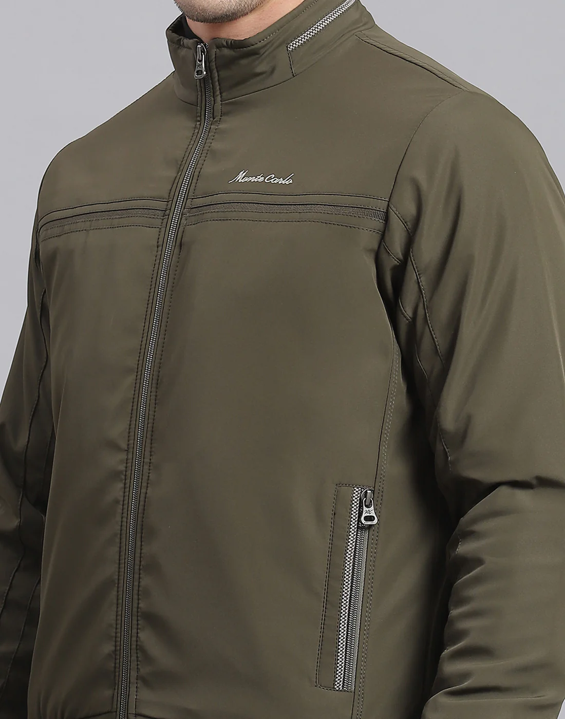 Men Olive Solid Stand Collar Full Sleeve Jacket - Image 7